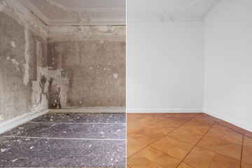 flat renovation concept, empty room before and after refurbishment or restoration , primed and...
