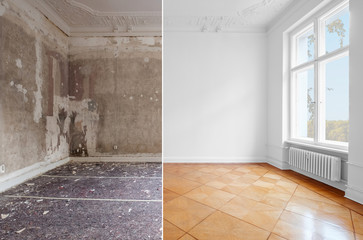 apartment room during renovation, before and after restoration /  refurbishment  -