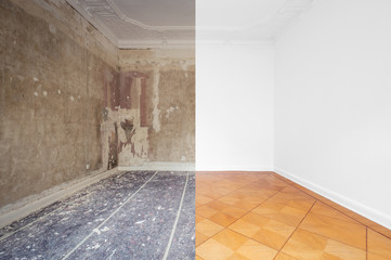 flat renovation, empty room before and after refurbishment or restoration  -