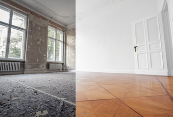 flat renovation, empty room before and after refurbishment or restoration  -