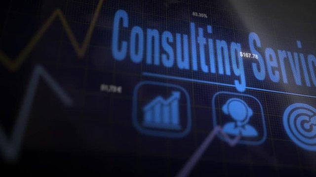 Consulting Service business concept on a flashing computer monitor with moving graphs and data.