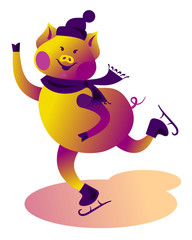 Cute pig on skates. Figure skater