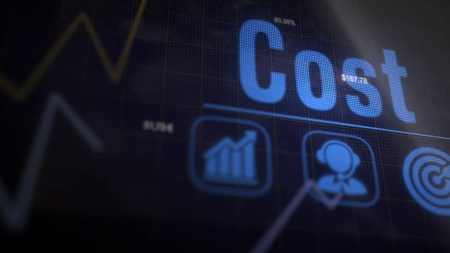 Cost business concept on a flashing computer monitor with moving graphs and data.