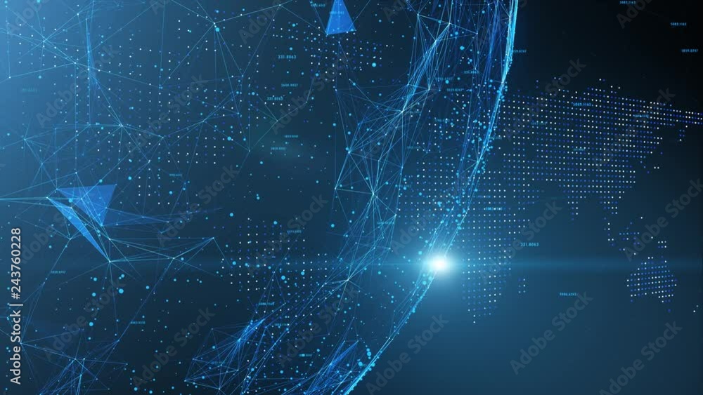Aufkleber blue cyberspace network with world map and rotating globe motion background.