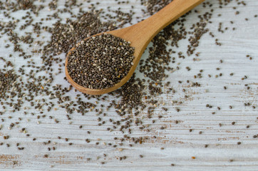 The chia seeds in a wooden spoon.