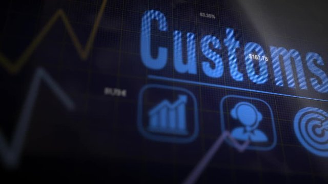 Customs business concept on a flashing computer monitor with moving graphs and data.