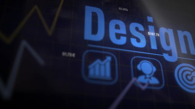 Design business concept on a flashing computer monitor with moving graphs and data.
