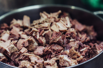 Freshly Boiled Pork in Stainless Steel Kettle on Table - Meal Preparation for Wedding, Kitchen Set