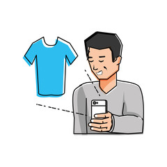 young man using smartphone buying shirt