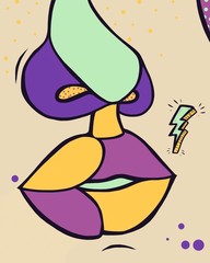Surreal illustration of colorful nose and lips with violet circles, yellow dots and green lighting. Fantasy drawing on beige background. Pop art concept