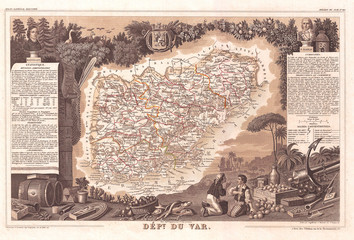 1852, Levasseur Map of the Department Du Var, France, French Riviera, Côte d'Azur