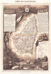 1852, Levasseur Map of the Department L'Ardeche, France