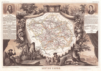 1852, Levasseur Map of the Department L'Aube, France, Chaource Cheese Region