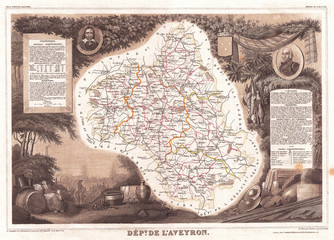 1852, Levasseur Map of the Department L'Aveyron, France, Roquefort Cheese Region