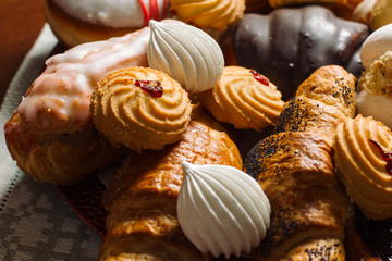 Bars cakes buns cookies background, Dessert, sweets for tea.