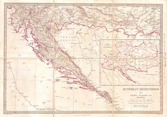 Fototapeta na wymiar 1852, S.D.U.K. Pocket Map of the Balkans, Croatia, Dalmatia, Sclavonia