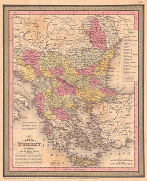 1853, Mitchell Map of Turkey in Europe and Greece, Greece, Balkans, Macedonia