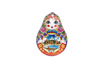 ceramic souvenir toy in the form of matryoshka with beautiful color painting on isolated white background reflecting the national Russian culture with the inscription in Russian: Russian beauty