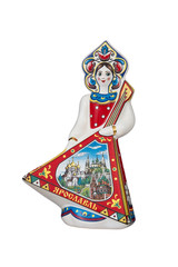 ceramic souvenir toy in the form of matryoshka with beautiful color painting on isolated white background reflecting the national Russian culture with the inscription in Russian: city name Yaroslavl