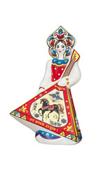 ceramic souvenir toy in the form of matryoshka with beautiful color painting on isolated white background reflecting the national Russian culture with the inscription in Russian: Wholeheartedly