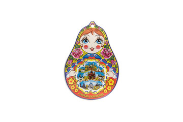 ceramic souvenir toy in the form of matryoshka with beautiful color painting on isolated white background reflecting the national Russian culture with the inscription in Russian: Russian beauty