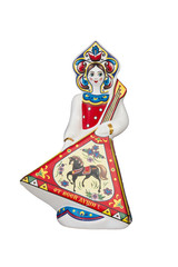 ceramic souvenir toy in the form of matryoshka with beautiful color painting on isolated white background reflecting the national Russian culture with the inscription in Russian: Wholeheartedly