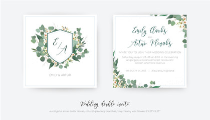 Wedding double invite, invitation, save the date card floral design. Elegant monogram with silver dollar eucalyptus greenery leaves, green branches & creamy powder wax flower wreath. Trendy classy set