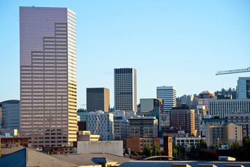 Portland Down Town with high-rise skyscrapers of office buildings and apartments