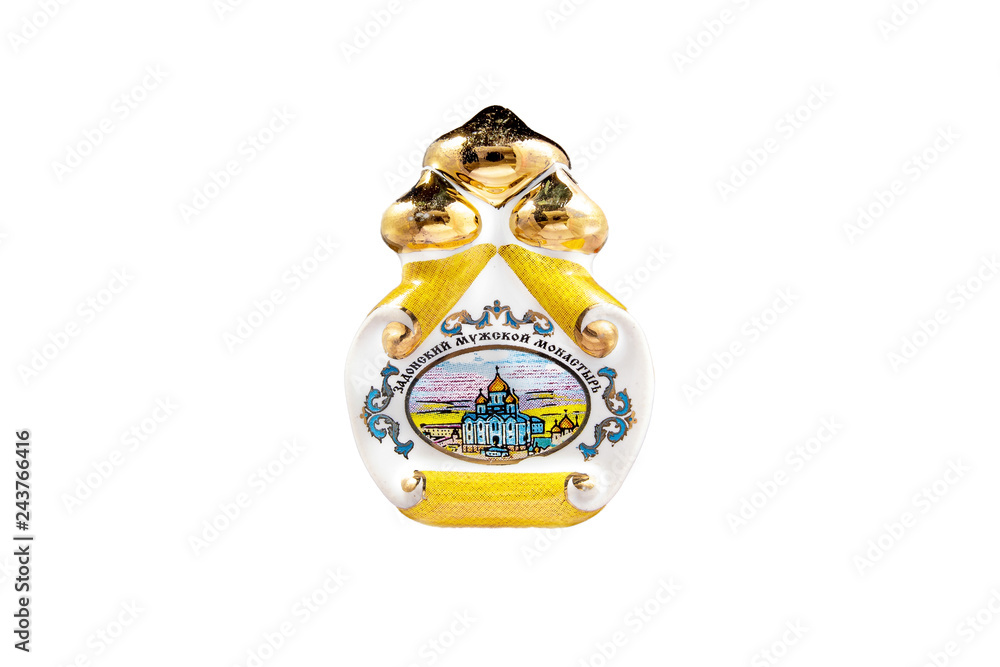 Wall mural ceramic souvenir toy in the form of Church with beautiful color painting on isolated white background reflecting the national Russian culture with the inscription in Russian: Zadonsk monastery