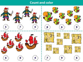 Educational game for preschool children. Count and color the circle with correct answer. Set of cartoon pirate characters. Vector illustration