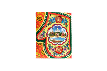 ceramic souvenir toy in the form of Mitten with beautiful color painting on isolated white background reflecting the national Russian culture with the inscription in Russian: Ceramic cheese board