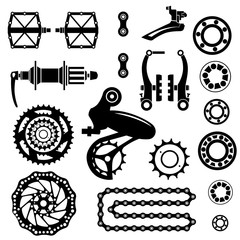 Bicycles. Set of bicycle parts. Start flag. Isolated vector image.