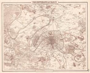 Fototapeta na wymiar 1857, Colton Map of Paris, France