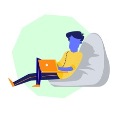 Male Character in Beanbag Chair Working on Laptop