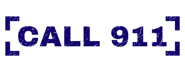 CALL 911 text seal print with distress style. Text tag is placed inside corners. Blue vector rubber print of CALL 911 with scratched texture.