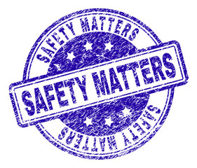 SAFETY MATTERS stamp seal watermark with grunge texture. Designed with rounded rectangles and circles. Blue vector rubber print of SAFETY MATTERS caption with grunge texture.