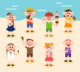 Cute children eating delicious ice cream on the beach. flat design vector graphic style concept illustration.
