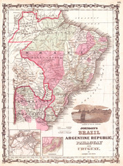1862, Johnson Map of Brazil, Paraguay, Uruguay and Argentina