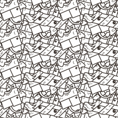 Funny doodle seamless pattern with gift boxes. Cute for prints, cards, designs and coloring books