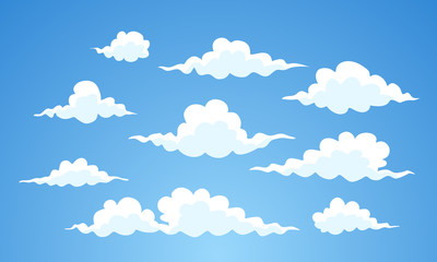 Cartoon clouds vector set. Blue sky with white clouds. Vector Illustration.