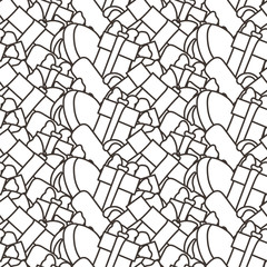 Obraz premium Funny doodle seamless pattern with gift boxes. Cute for prints, cards, designs and coloring books