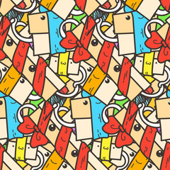 Funny doodle seamless pattern with gift boxes. Cute for prints, cards, designs and coloring books