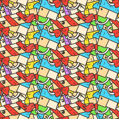 Funny doodle seamless pattern with gift boxes. Cute for prints, cards, designs and coloring books