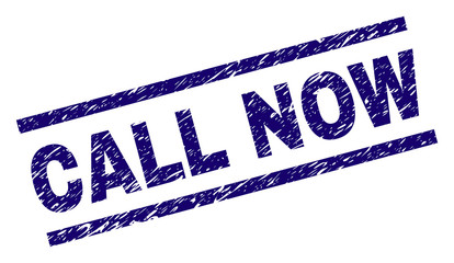 CALL NOW seal print with distress style. Blue vector rubber print of CALL NOW text with grunge texture. Text caption is placed between parallel lines.