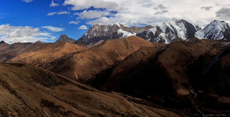 High altitude plateau landscape, highlands around Xinduqiao - Ganzi Tibetan Autonomous Prefecture, Sichuan Province China. Chinese landscape - Yaha Pass near Gongga Mountain, Minya Konka. Jagged Peaks