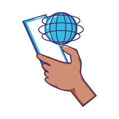 hand using smartphone with sphere planet