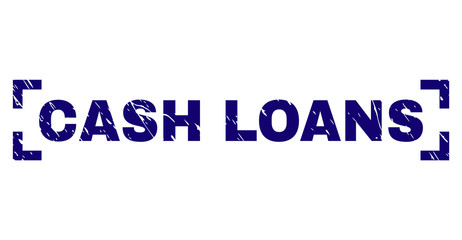 CASH LOANS text seal print with distress texture. Text caption is placed inside corners. Blue vector rubber print of CASH LOANS with retro texture.