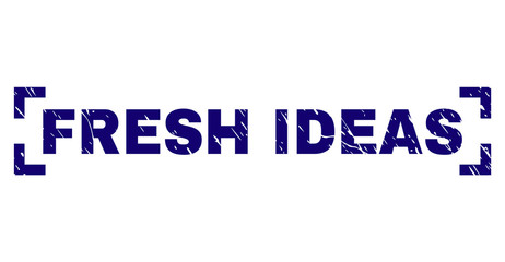 FRESH IDEAS tag seal print with grunge style. Text caption is placed inside corners. Blue vector rubber print of FRESH IDEAS with grunge texture.