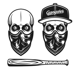 Gangster skull in baseball cap and bandana on face