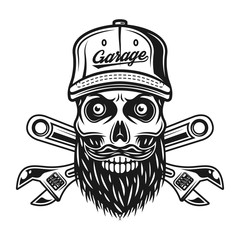 Skull of mechanic in baseball cap and two wrenches